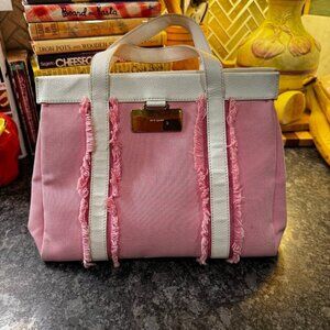 Authentic Kate Spade Pink & White Canvas Leather Tote – Lady in Pink Shoulder Ba